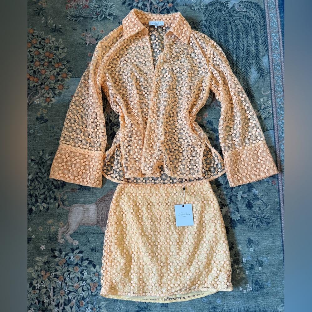 L'Academie Peach Lace Button-Down Top & Skirt Set